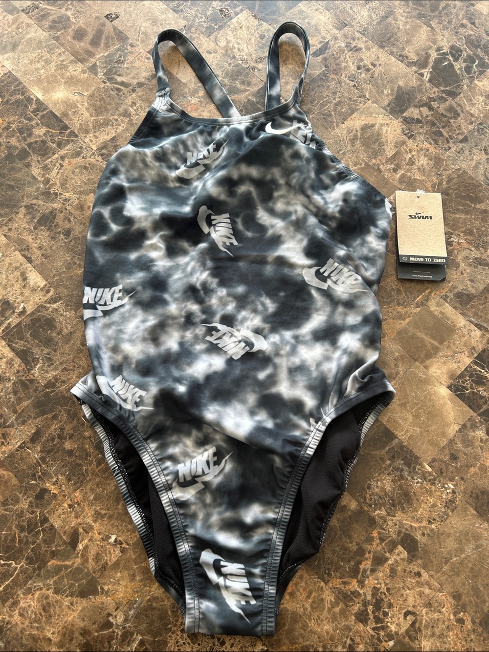 NWT 🆕 Nike Swim Women's Black & Gray Tie-Dye One-Piece Swimsuit size 10